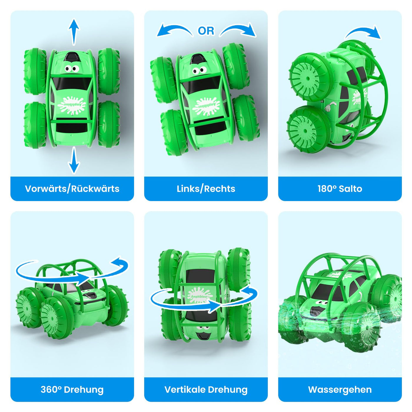 MaxTronic Amphibien Ferngesteuertes Auto, Wiederaufladbares Direktladen 360° Salto wasserdichtes RC Stunt Auto 2.4G 15KM/H 4WD Allrad Geländewagen Spielzeug für Jungen 3-12 Jahre