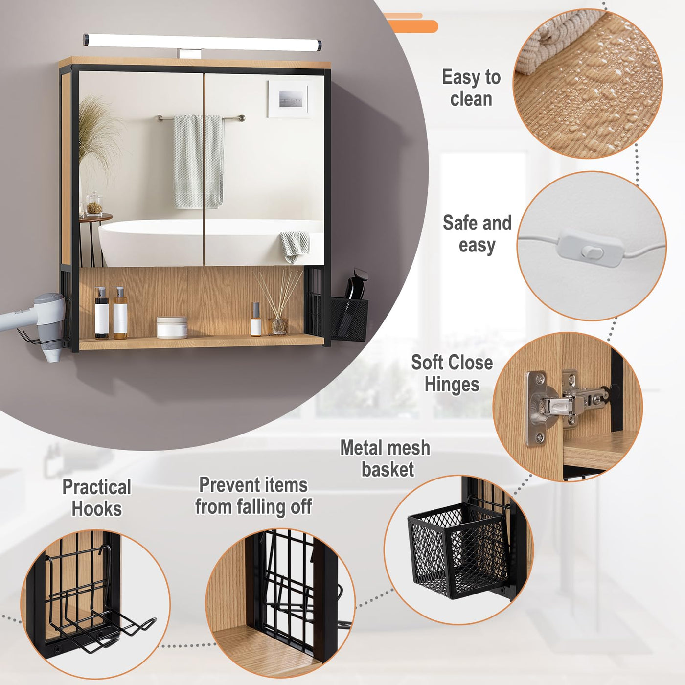 EUGAD Spiegelschrank Bad mit Beleuchtung, Badezimmerschrank mit Spiegel, Badschrank hängend, mit Verstellbarer Ablage Halter Korb, aus Metall MDF, schwarz + helle Eiche