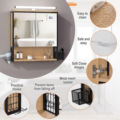 EUGAD Spiegelschrank Bad mit Beleuchtung, Badezimmerschrank mit Spiegel, Badschrank hängend, mit Verstellbarer Ablage Halter Korb, aus Metall MDF, schwarz + helle Eiche