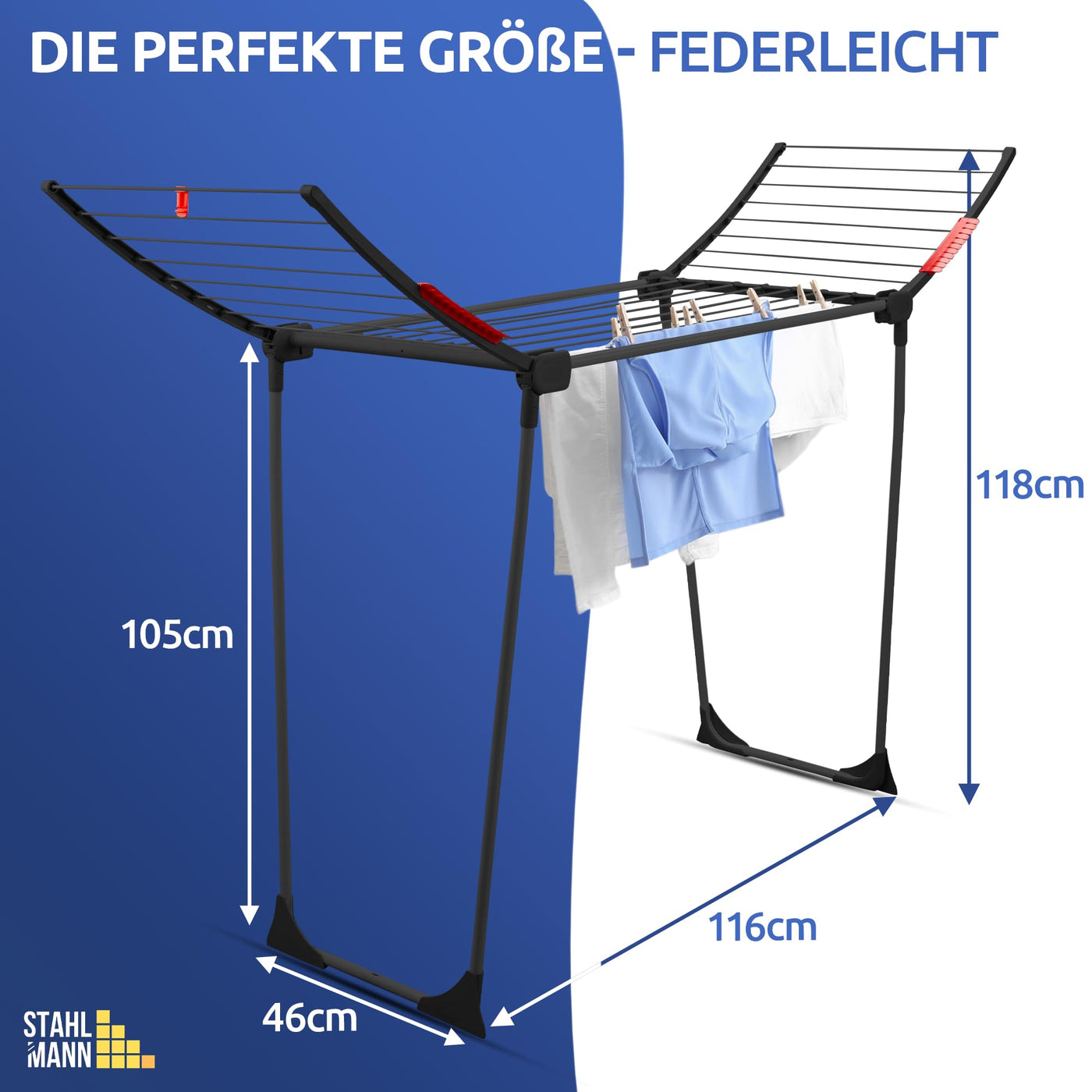 STAHLMANN ® Wäscheständer schwarz [18M Trockenfläche ] - Flügelwäscheständer [Made IN EU] 1,05 M Flügel ideal für Lange Kleidungsstücke - Wäscheständer platzsparend