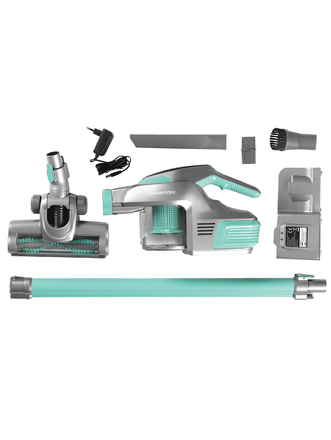 CLEANmaxx Akku-Zyklon-Staubsauger beutellos mit Akku | 2-in-1 Handstaubsauger, mit verschiedenen Düsen, Ideal für Tierhaare | Inkl. Wandhalterung mit integrierter Ladestation, 150 Watt [Türkis/Grau]