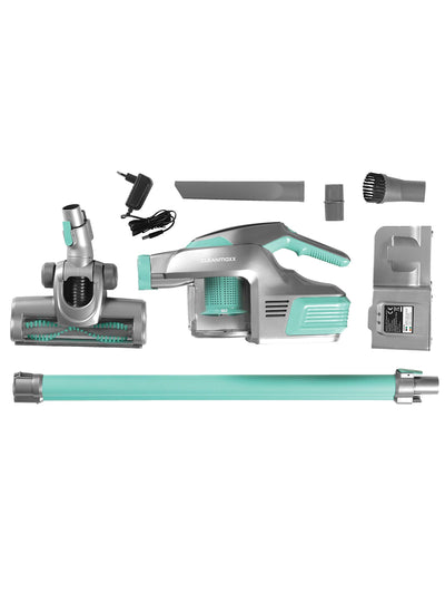 CLEANmaxx Akku-Zyklon-Staubsauger beutellos mit Akku | 2-in-1 Handstaubsauger, mit verschiedenen Düsen, Ideal für Tierhaare | Inkl. Wandhalterung mit integrierter Ladestation, 150 Watt [Türkis/Grau]