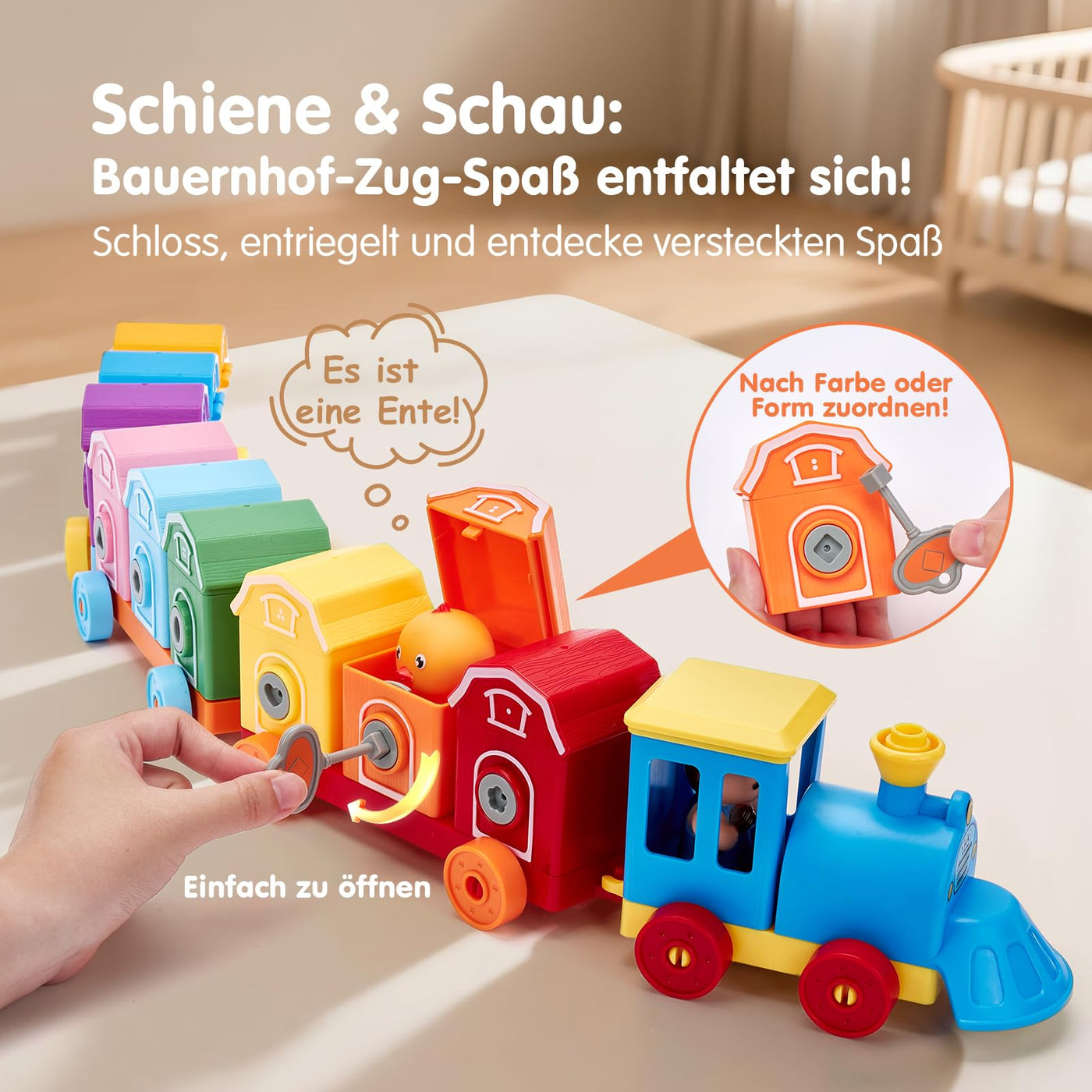 hahaland Zug Spielzeug mit Bauernhoftiere & Schlüssel,Montessori Spielzeug 2 Jahre zum Zählen,Sortierspiel,Zuordnen,Motorikspielzeug mit Fingerpuppen, Kinderspielzeug ab 2 3 4 5 Jahre Geschenk