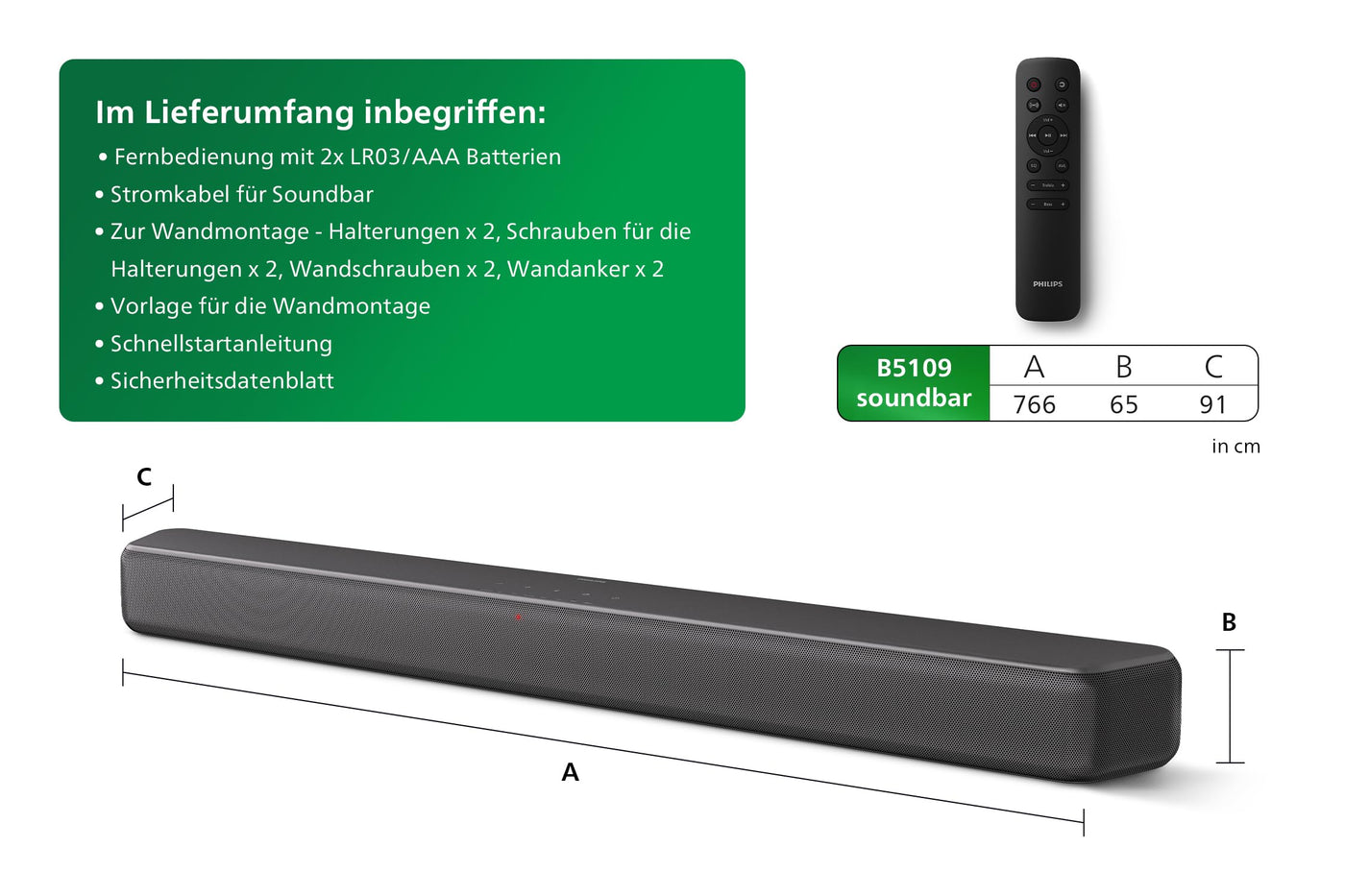 Philips TAB5109 Soundbar 2.0-2 Kanal 120W, DTS Virtual X, Bluetooth 5.4, HDMI ARC, optische Verbindung und USB-Konnektivität - Dunkelgrau