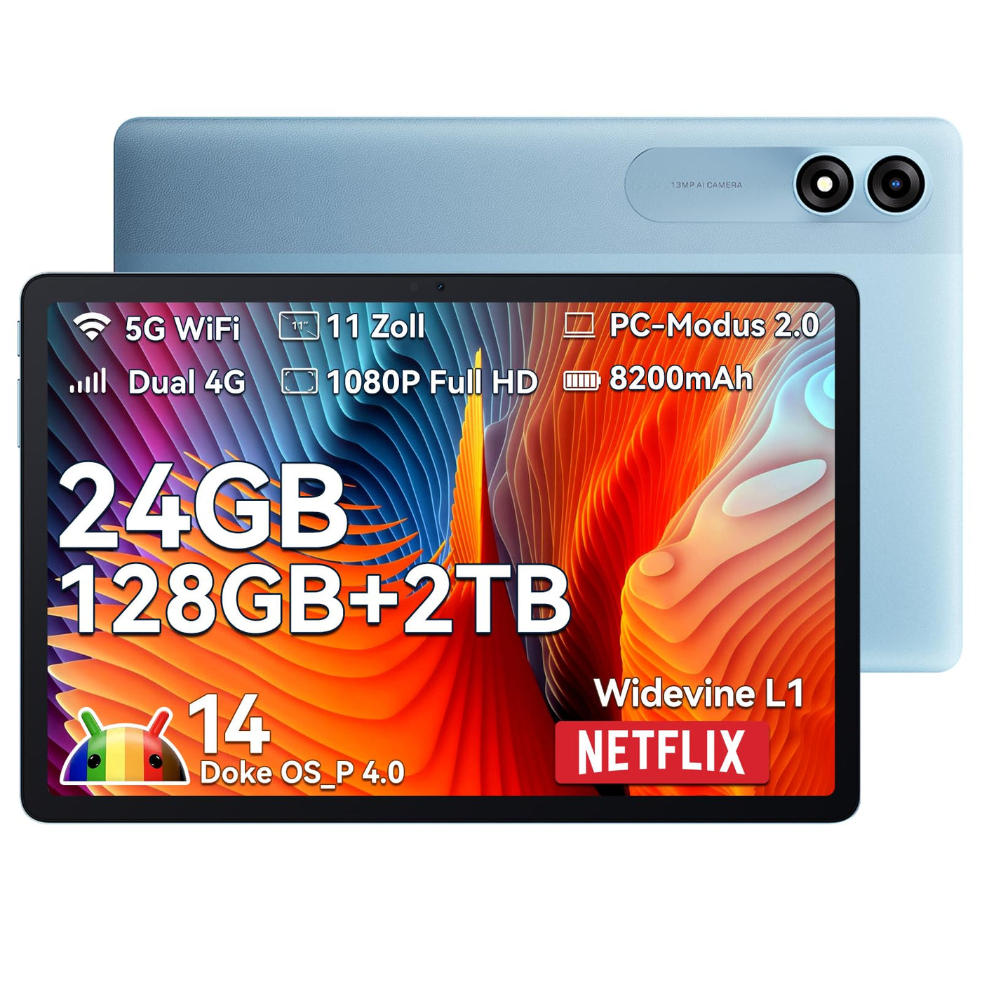 Blackview Tablet 11 Zoll Tab90 Android Gaming Tablet 4G LTE+5G WLAN 24GB(8+16) RAM 128GB ROM (2TB TF) 8200mAh 5MP+13MP Unisoc Tablets Octa-Core, Face ID/GMS/GPS/3.5MM Kopfhörerbuchse/BT5/Widevine L1