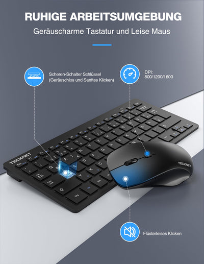 TECKNET Kabelloses Tastatur Maus Set, Deutsch QWERTZ Layout, 2.4 GHz Funk Mini Tastatur Mouse, 15m Reichweite Verbindung, Wireless Leise Funktastatur mit Maus für PC, Laptop, Smart TV, Schwarz