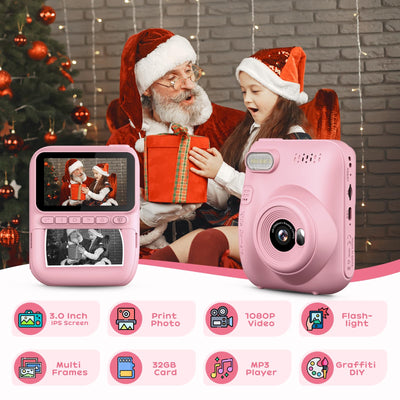 GREENKINDER Sofortbildkamera Kinder,14MP 3.0 Zoll Bildschirm Kinderkamera Sofortbildkamera mit 32G Karte,Druckpapier & Farbigen Stiften,1080P Kamera Kinder Sofortdruck, 3-12 Jahren