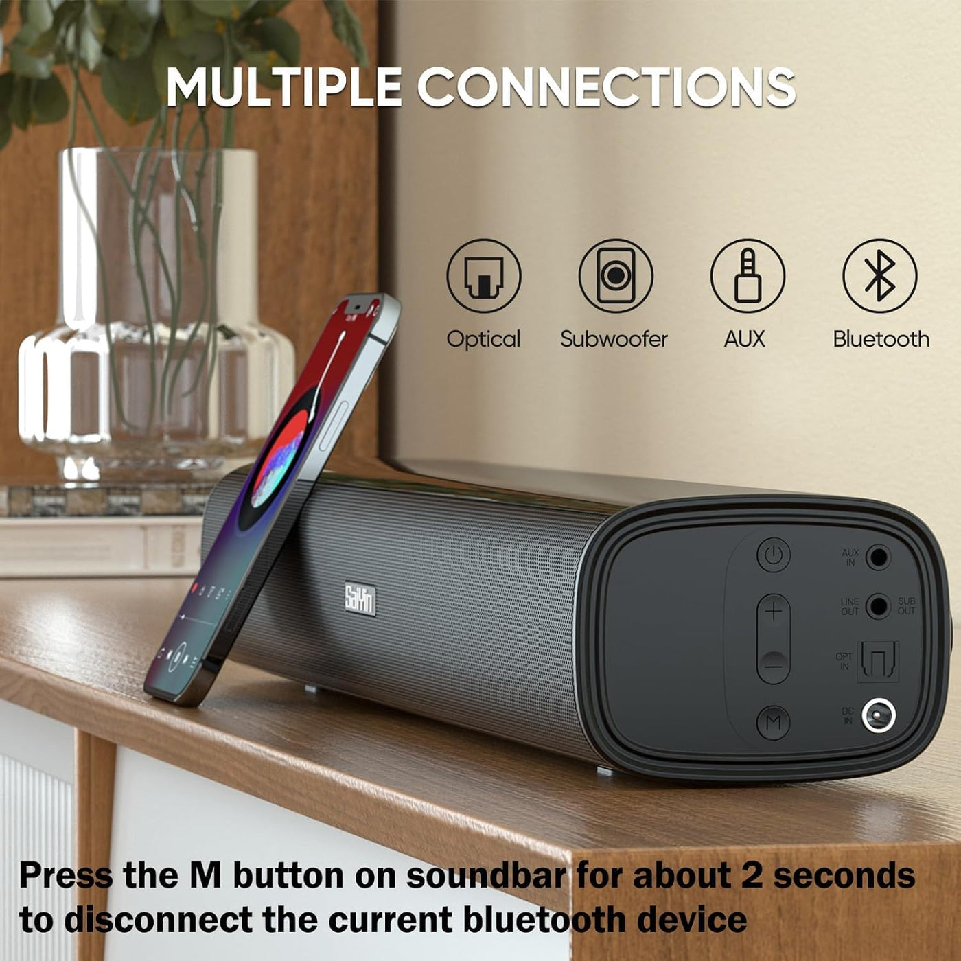 Saiyin Soundbar für TV Geräte, 40 Watt kleine Soundbar für TV, Surround Sound System TV Soundbar Lautsprecher mit Bluetooth/Optical/AUX Anschluss für PC/Gaming/Projektoren, 17 Zoll
