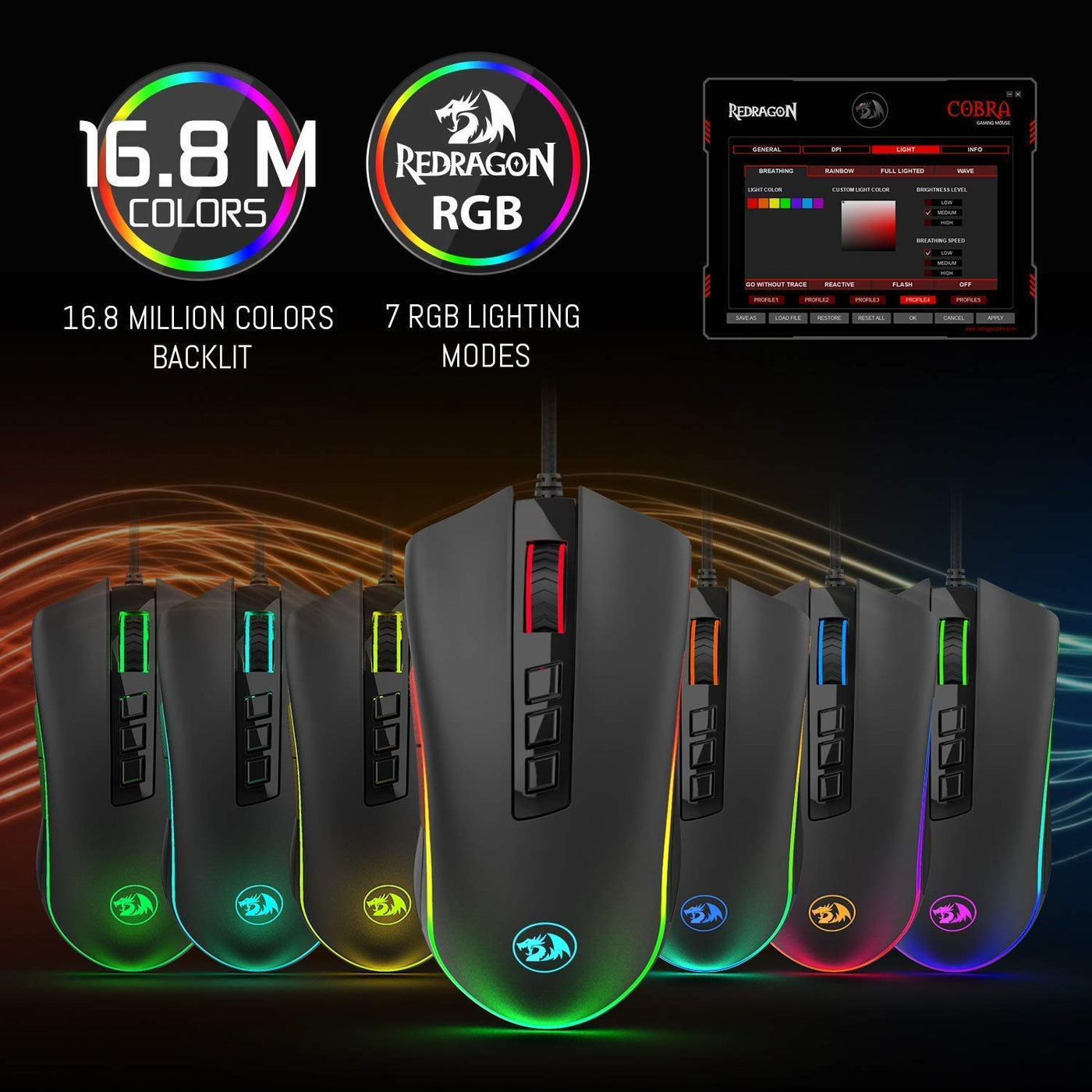 Redragon M711 Cobra Gaming Maus mit 16,8 Millionen RGB-Farben und Hintergrundbeleuchtung, 10.000 DPI Einstellbar, Komfortabler Griff, 7 Programmierbare Tasten, Schwarz