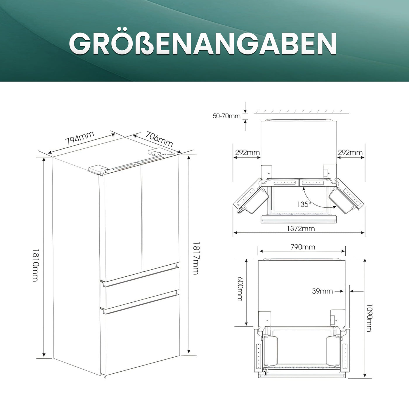 Hisense RF540N4SBF2 French Door Kühl-Gefrierkombination/ NoFrostPlus/ Inverter-Kompressor/ Multiflow 360°/ SuperCool/ 181,7 cm/ Kühlteil 302 l/ Gefrierteil 178 l/ 40 dB/ 310 kWh/ Jahr/ Schwarz