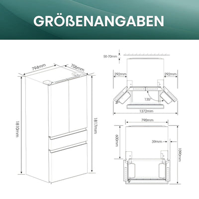 Hisense RF540N4SBF2 French Door Kühl-Gefrierkombination/ NoFrostPlus/ Inverter-Kompressor/ Multiflow 360°/ SuperCool/ 181,7 cm/ Kühlteil 302 l/ Gefrierteil 178 l/ 40 dB/ 310 kWh/ Jahr/ Schwarz