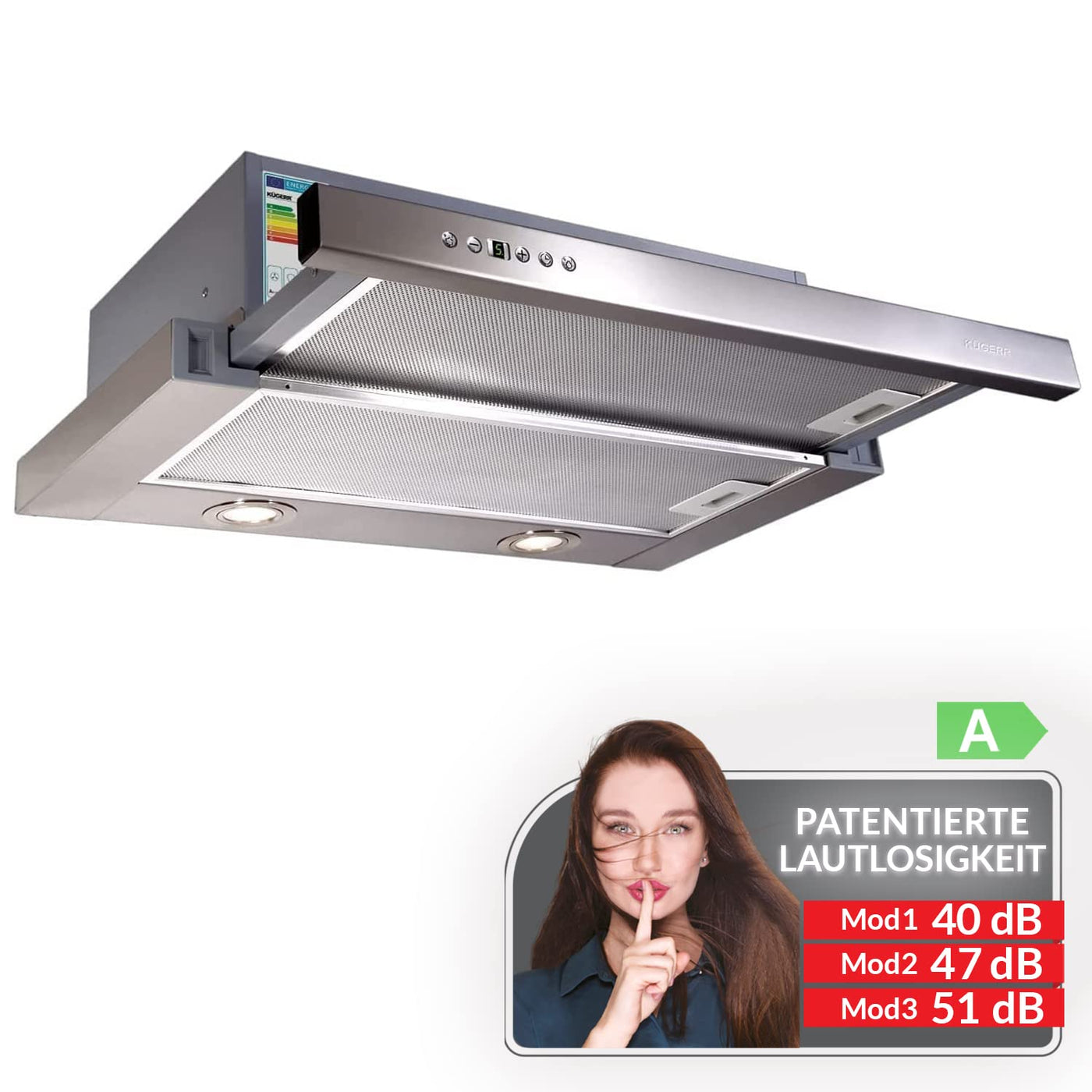 RADIALITIC KÜGERR patentierte Leisetechnologie | A100S60UP1G | 60cm leise Flachschirmhaube | ab 40 dB | Abluft - Umluft | 2 Jahre Garantie | Edelstahl | LED