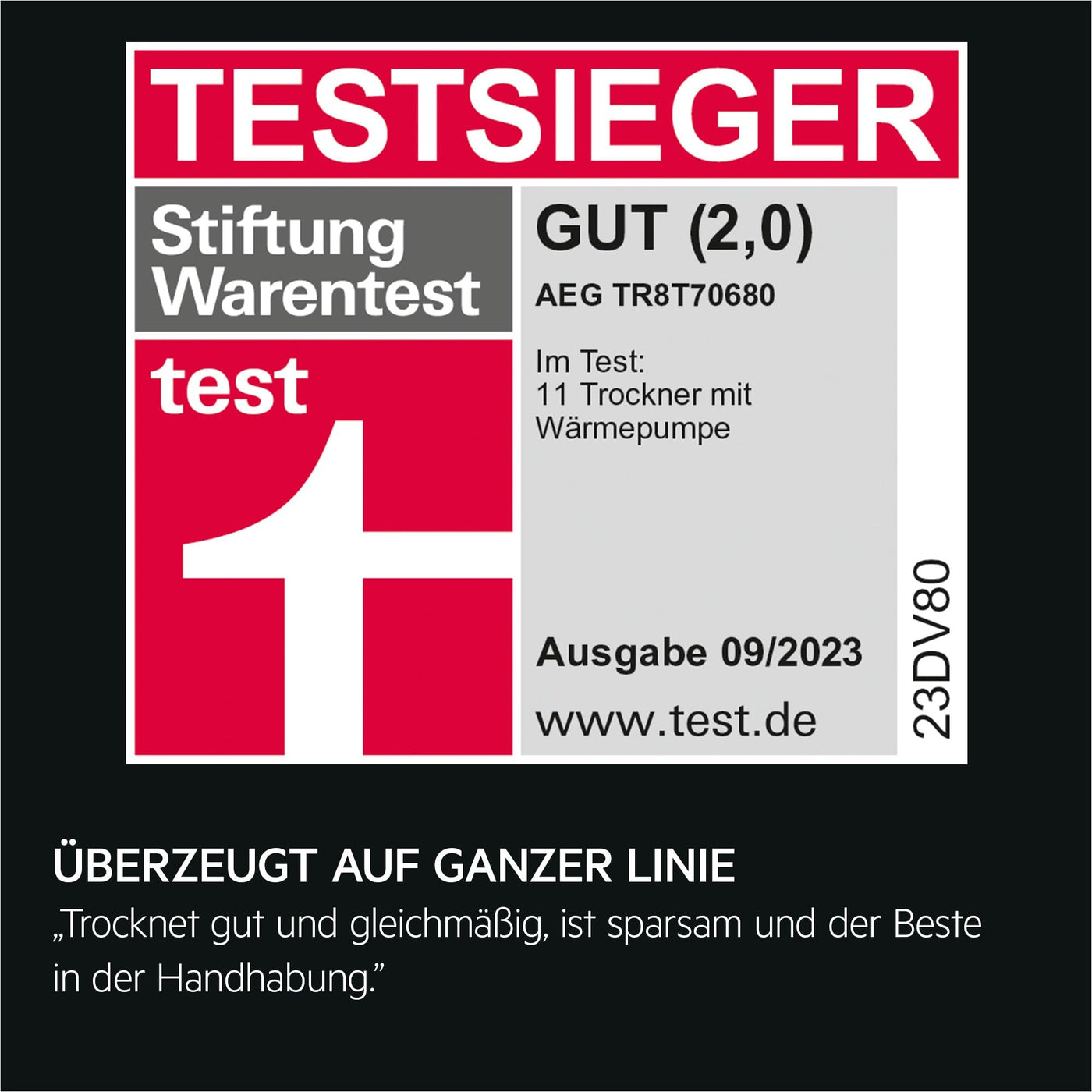 AEG TR8T70680 Wärmepumpentrockner / Serie 8000 mit AbsoluteCare® / Testsieger der Stiftung Warentest / 8,0 kg / A+++ / energiesparend / Mengenautomatik / Knitterschutz / Kindersicherung / Schontrommel