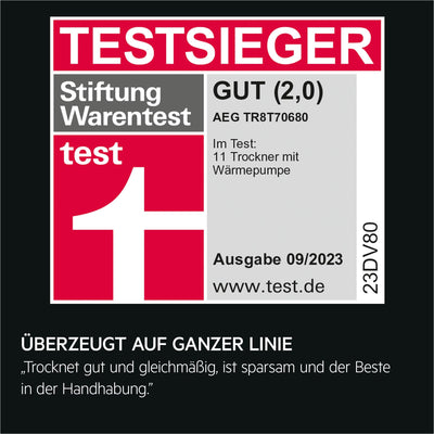 AEG TR8T70680 Wärmepumpentrockner / Serie 8000 mit AbsoluteCare® / Testsieger der Stiftung Warentest / 8,0 kg / A+++ / energiesparend / Mengenautomatik / Knitterschutz / Kindersicherung / Schontrommel