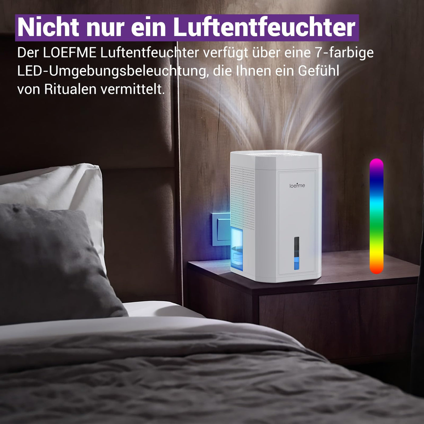 LOEFME 1000ml Mini-Luftentfeuchter, 7-farbige LED-Lichter, tragbarer und ultraleiser Luftentfeuchter elektrisch in Weiß, ideal für Schlafzimmer, Badezimmer, Kleiderschrank und Ankleidezimmer