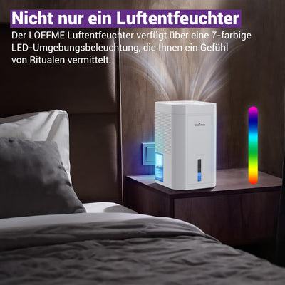 LOEFME 1000ml Mini-Luftentfeuchter, 7-farbige LED-Lichter, tragbarer und ultraleiser Luftentfeuchter elektrisch in Weiß, ideal für Schlafzimmer, Badezimmer, Kleiderschrank und Ankleidezimmer