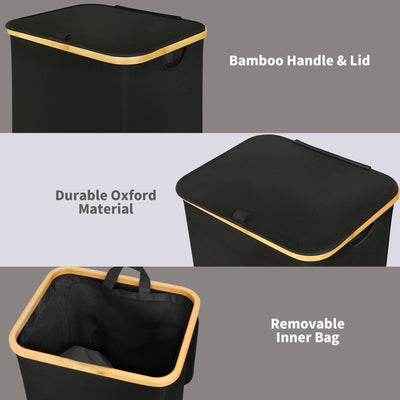 efluky Wäschekorb mit Deckel, 100 Liter hoher Wäschebox mit Bambus Henkel und Innentasche, faltbarer groß XXL Waschekorbsammler, Laundry Baskets für Schlafzimmer Badezimmer, schwarz