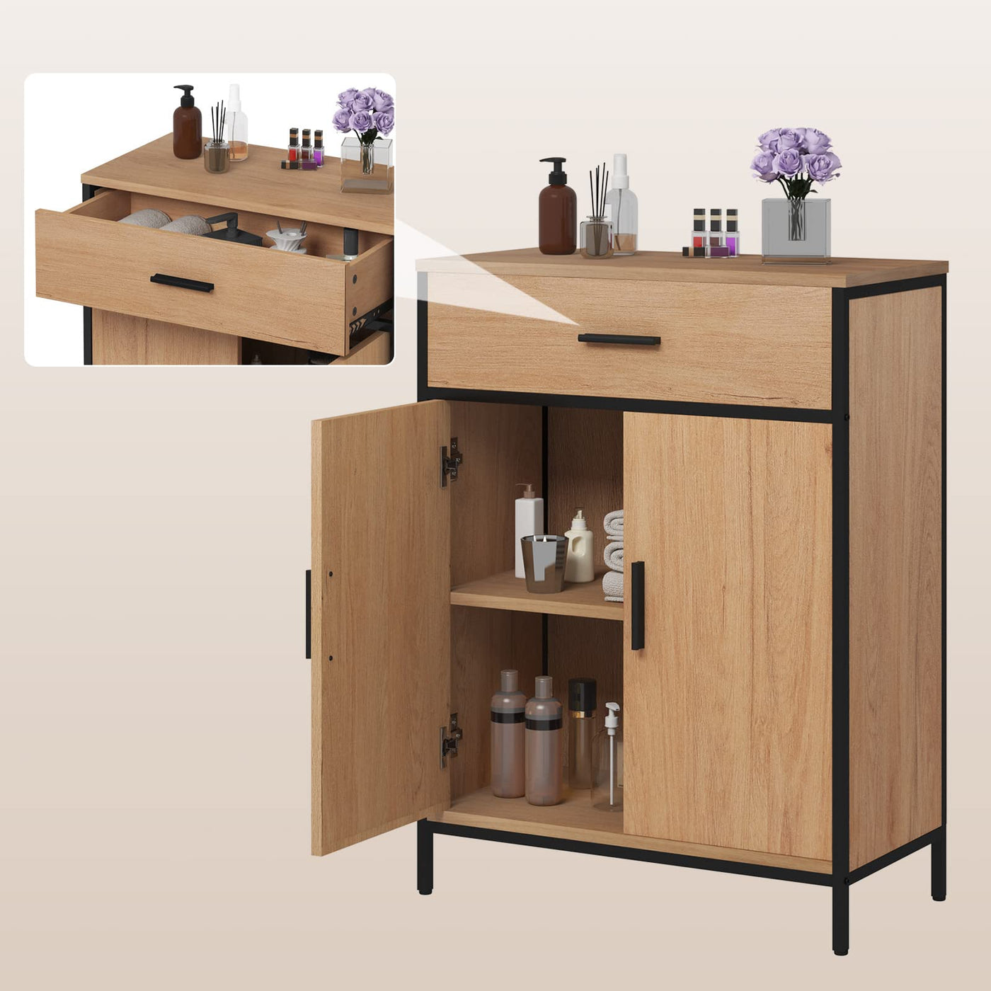 EUGAD Badezimmerschrank mit 1 Schublade 2 Türen, freistehender Badschrank, Badkommode mit verstellbarem Regal, Aufbewahrungsschrank für Wohnzimmer Küche Flur, 60x80x30 cm