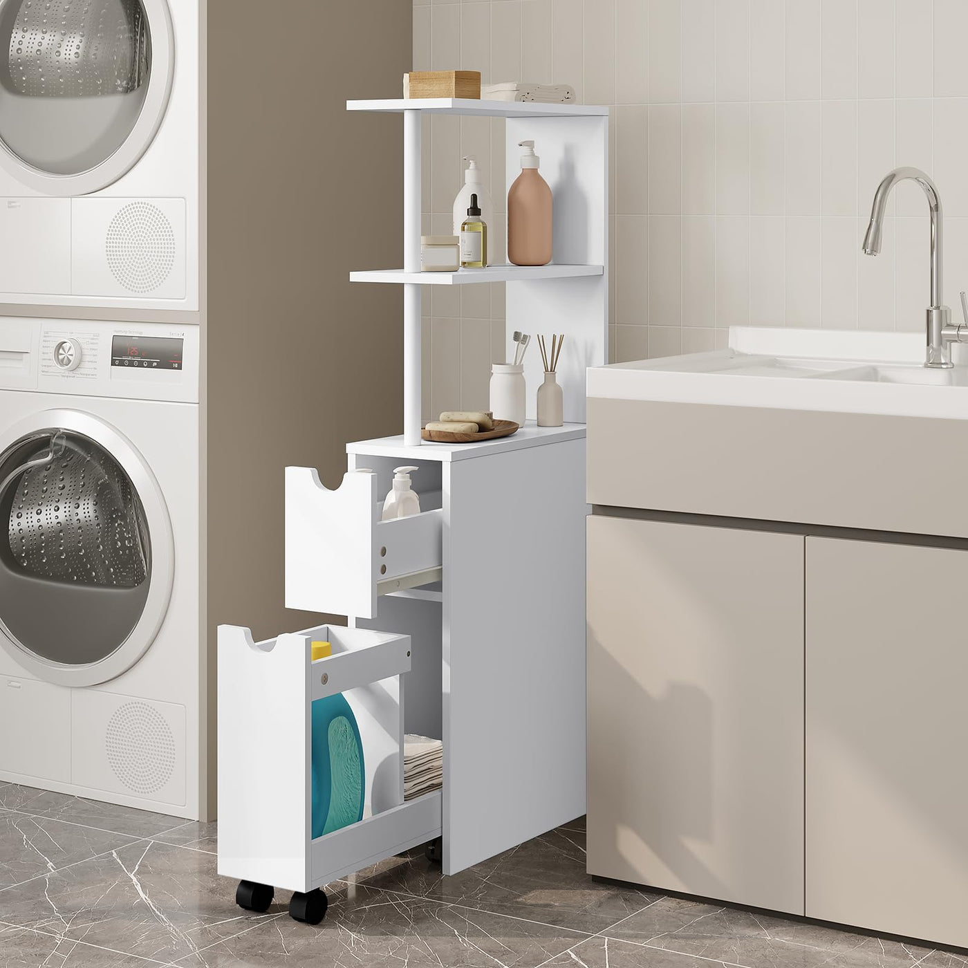 EUGAD Nischenschrank Badezimmer, mit Schublade auf Rollen, offenen Ablagen, Badschrank Badezimmerschrank schmal, Seitenschrank Küchenschrank Mehrzweckschrank, Weiß, 19x113x45 cm (BxHxT)