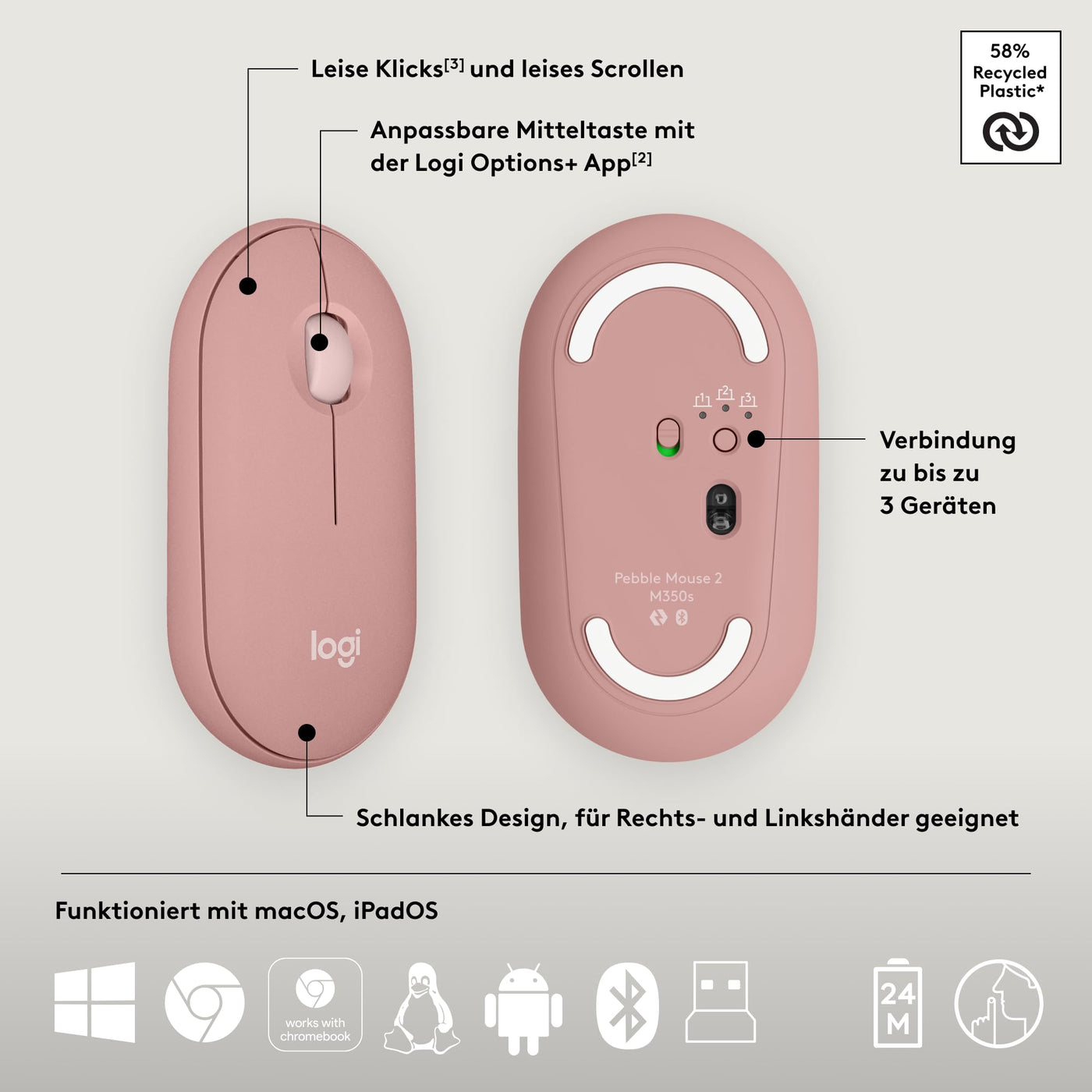 Logitech Pebble 2 Combo, kabellose Tastatur und Maus, leise und mobil, anpassbar, Logi Bolt, Bluetooth, Easy-Switch für Windows, macOS, iPadOS, Chrome - Deutsches QWERTZ-Layout, Rosa