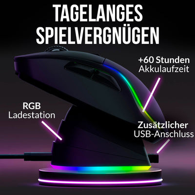 KLIM Blaze Y Wiederaufladbare kabellose Maus - NEU - Gaming Maus mit RGB und Ladestation - Hochpräziser Sensor und langlebiger Akku - Bis zu 6000 DPI - Kabel- und Wireless Mouse für PC - Schwarz