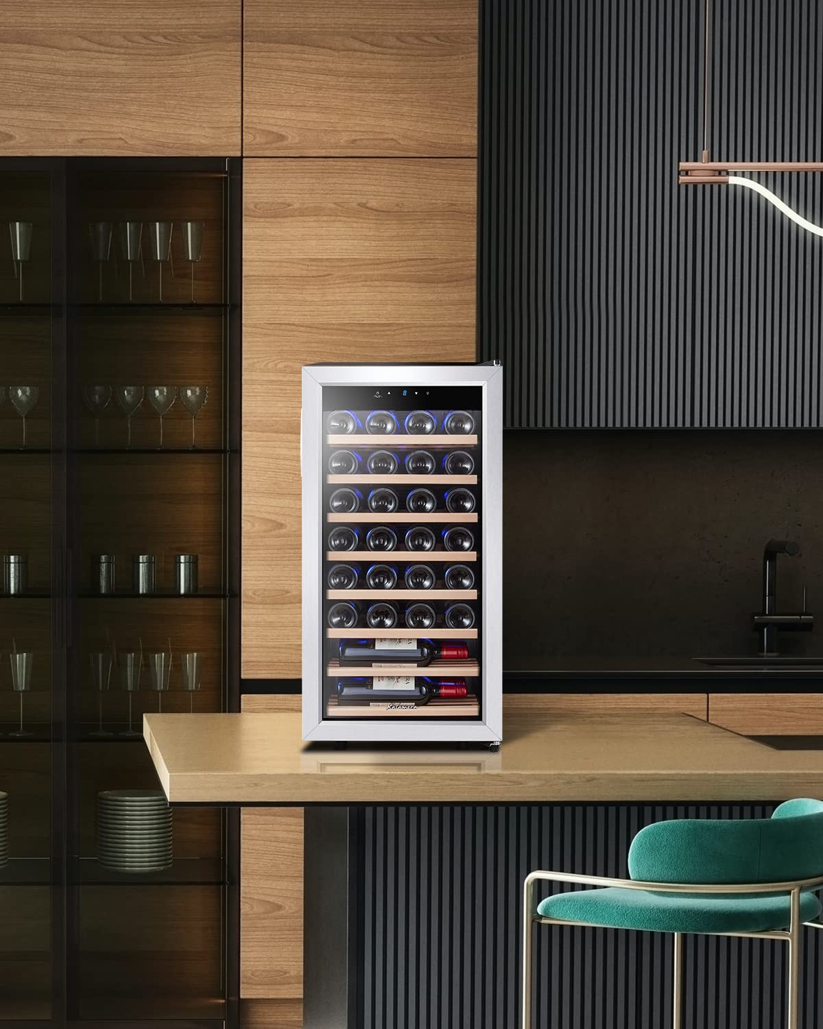 Kalamera Weinkühlschrank, 28 Flaschen 86 Liter, Touch-Bedienfeld, Edelstahl Glastür, 5-18°C Kühlzone, Abnehmbar Holzauflagen, KRC-86FCSS-W