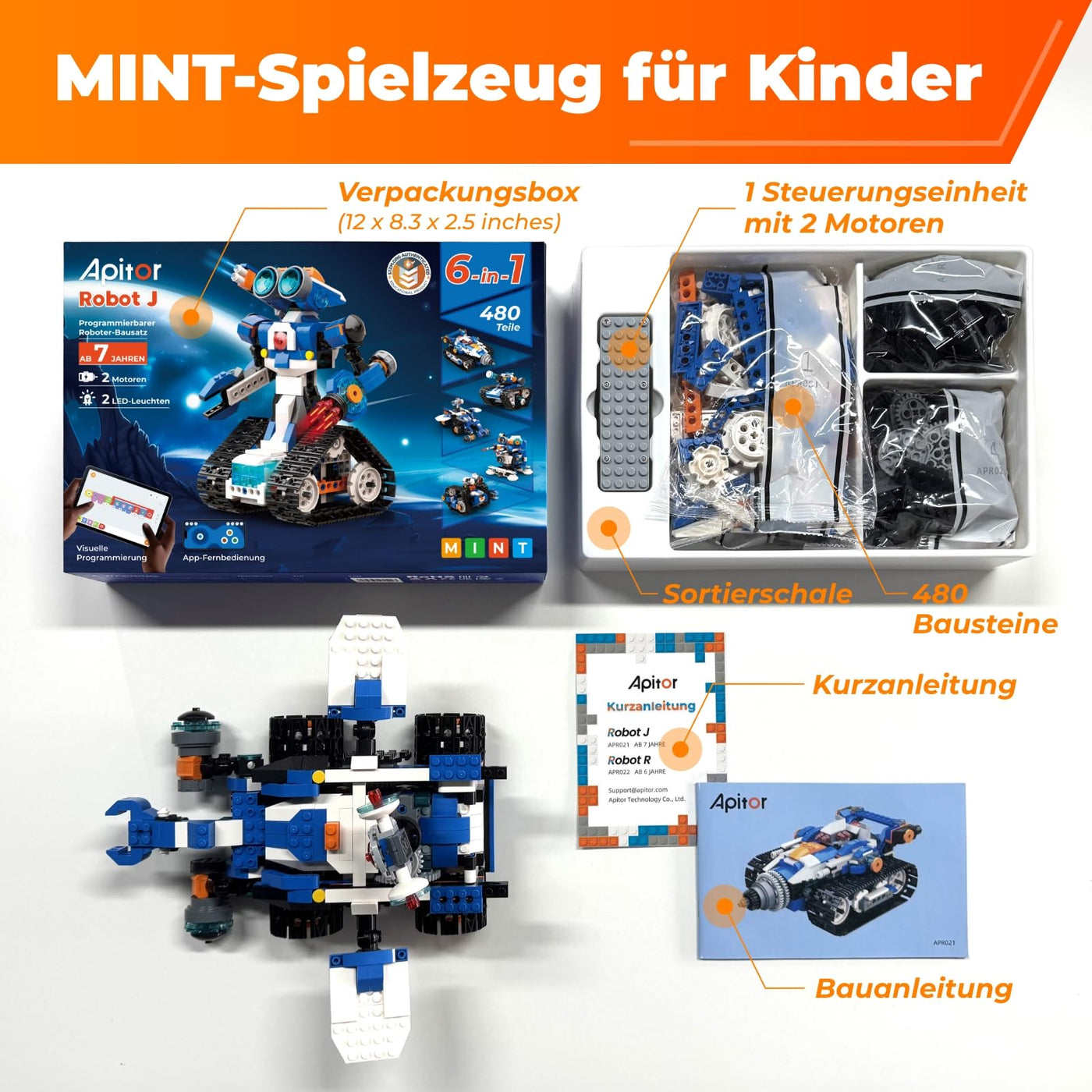 Apitor Robot J Programmierbarer Roboter für Kinder, 6-in-1 Kreativer Roboter Bausatz, App-Ferngesteuerter Kinder Spielzeug, pädagogisches Programmiergeschenk für Jungen ab 7-12 Jahren (480 Stück)