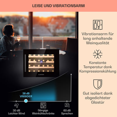 Klarstein Weinkühlschrank, 1 Zonen Getränkekühlschrank, Kleiner Einbau-Weinschrank Schmal, 57L Wein-Kühlschrank mit Glastür, Indoor/Outdoor Flaschenkühlschrank, Wine Fridge 5-22°C, 24 Flaschen