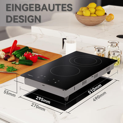 magicplux Glaskeramikkochfeld mit 2 kochfelder 29,5cm, 9 Heizstufen, Berührungssteuerung, Kindersicherung, Timer, Geeignet für alle Kochgeschirre, 3400W