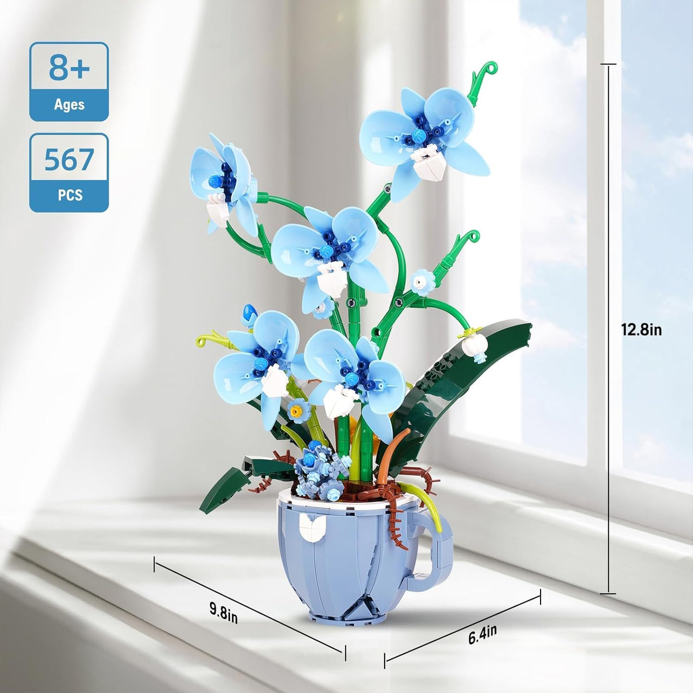 Ideas Blau Orchidee Blumen Klemmbausteinen Baustein，Kompatibel Mit Lego Flower Pflanzen deko Geschenk für Erwachsene und Mädchen ab 8-16+ 567PCS