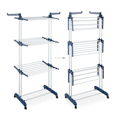 Relaxdays Wäscheständer, ausklappbare Flügel, HBT: 179 x 126 x 63,5 cm, Metall, rollbarer Turmwäscheständer, weiß/blau