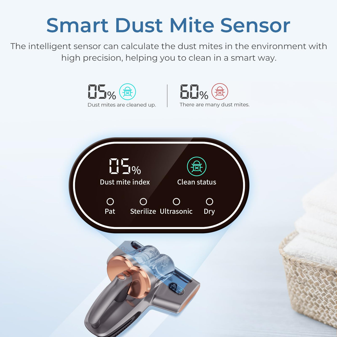 JIGOO S300 Pro Milbensauger mit Staubmilben-Sensor und Intelligente LED-Anzeige, 500W Milbenstaubsauger mit UV-Licht, Für Allergiker, entfernt 99,9% der Allergene, für Matratzen, Betten, Sofas