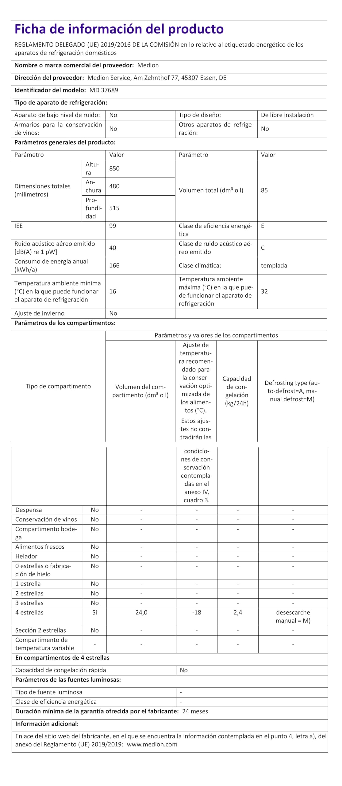 MEDION Mini Kühl-Gefrierkombination (85 Liter, 61L Kühlteil, 24L Gefrierteil, freistehend, 40 dB, transparente Gemüseschublade, Türanschlag wechselbar, MD 37689) weiß