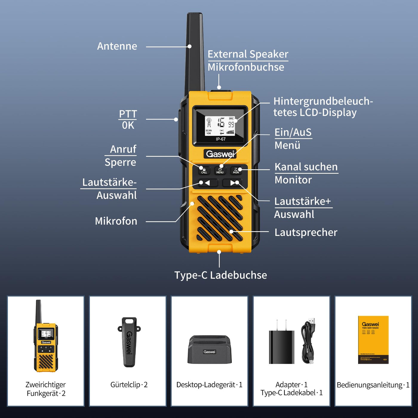 Gaswei G1pro Hochleistungs- Walkie Talkies mit großer Reichweite für Erwachsene, wiederaufladbare Notfallfunkgeräte, 16-Kanal-Walkie-Talkie mit Lithium-Ionen-Akku, IP67 wasserdicht (2 Stück)