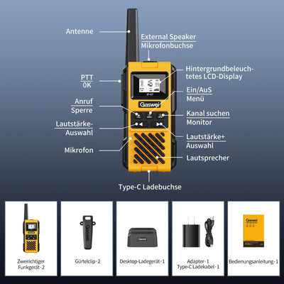 Gaswei G1pro Hochleistungs- Walkie Talkies mit großer Reichweite für Erwachsene, wiederaufladbare Notfallfunkgeräte, 16-Kanal-Walkie-Talkie mit Lithium-Ionen-Akku, IP67 wasserdicht (2 Stück)