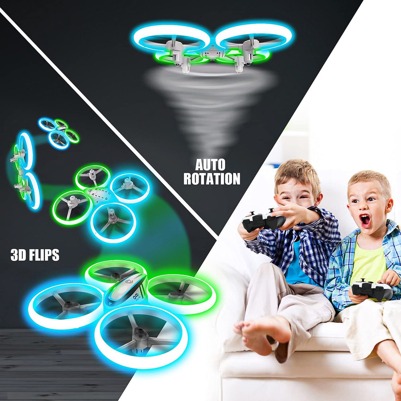 AVIALOGIC Q9s Drone Drohne für Kinder mit Höhehalten und Kopflosem Modus,RC Quadcopter mit Blauen & Grünen Lichter und 2 Akkus,Spielzeug Drohne für Kinder und Anfänger