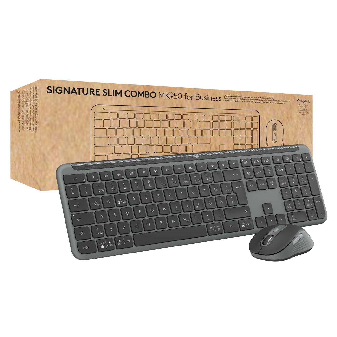 Logitech Signature Slim MK950 for Business kabelloses Tastatur-Maus-Set, leises Tippen, sicherer Empfänger, Bluetooth, weltweit Zertifiziert, Windows/Mac/Chrome/Linux, DEU QWERTZ-Layout, Grafit