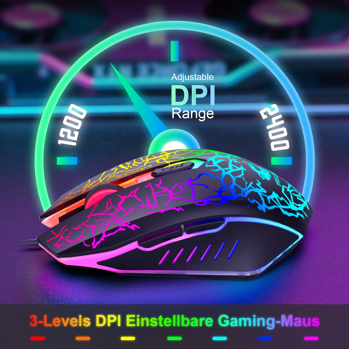 QWERTZ Deutsches DE Layout Kabelgebundene Gaming Tastatur und Maus Set 104 tasten LED Regenbogen Farben Beleuchtete 2400 DPI 6-Tasten-Maus Tastatur und Maus kompatibel mit PC PS5 PS4 Xbox-Schwarze