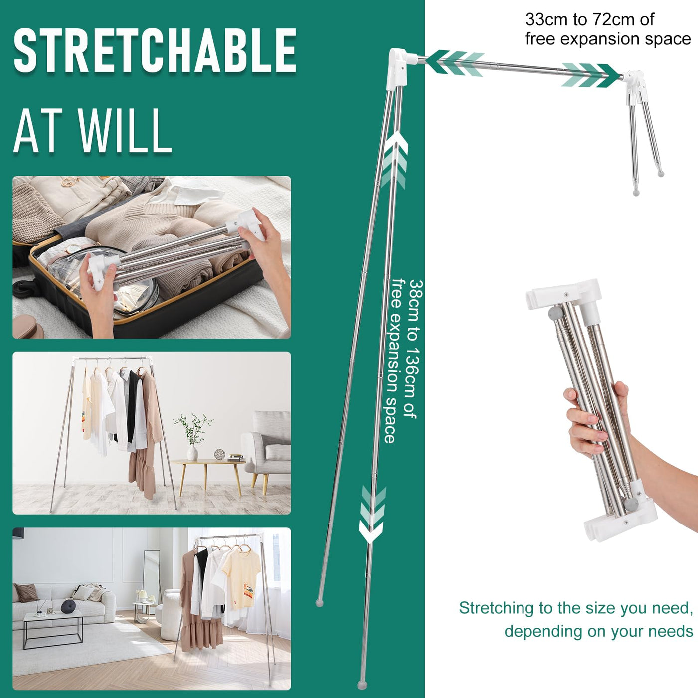 Idong Tragbarer Wäscheständer aus Edelstahl, 32-73 cm einziehbarer faltbar Wäscheständer für Camping, Reisen, Outdoor, Wäscherei zu Hause usw. EIN zusammenklappbarer Mini-Reisekleiderständer