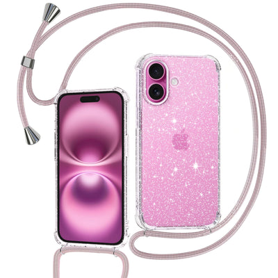Tikgue Handykette für iPhone 16 Hülle mit Band, Handyhülle mit Kordel zum Umhängen Schutzhülle mit Kette Glitzer Transparent Weich TPU Silikon Bumper - Roségold