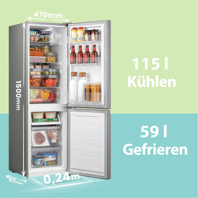 Comfee RCB169DS3 Kühlschrank mit Gefrierfach 150cm Höhe/Kühl-/Gefrierkombination Freistehend/Low Frost/174L/leise Kühlgefrierkombi 38dB/Einstellbare Kühlschranktemperatur/LED-Licht/156 kWh/Jahr/Silber