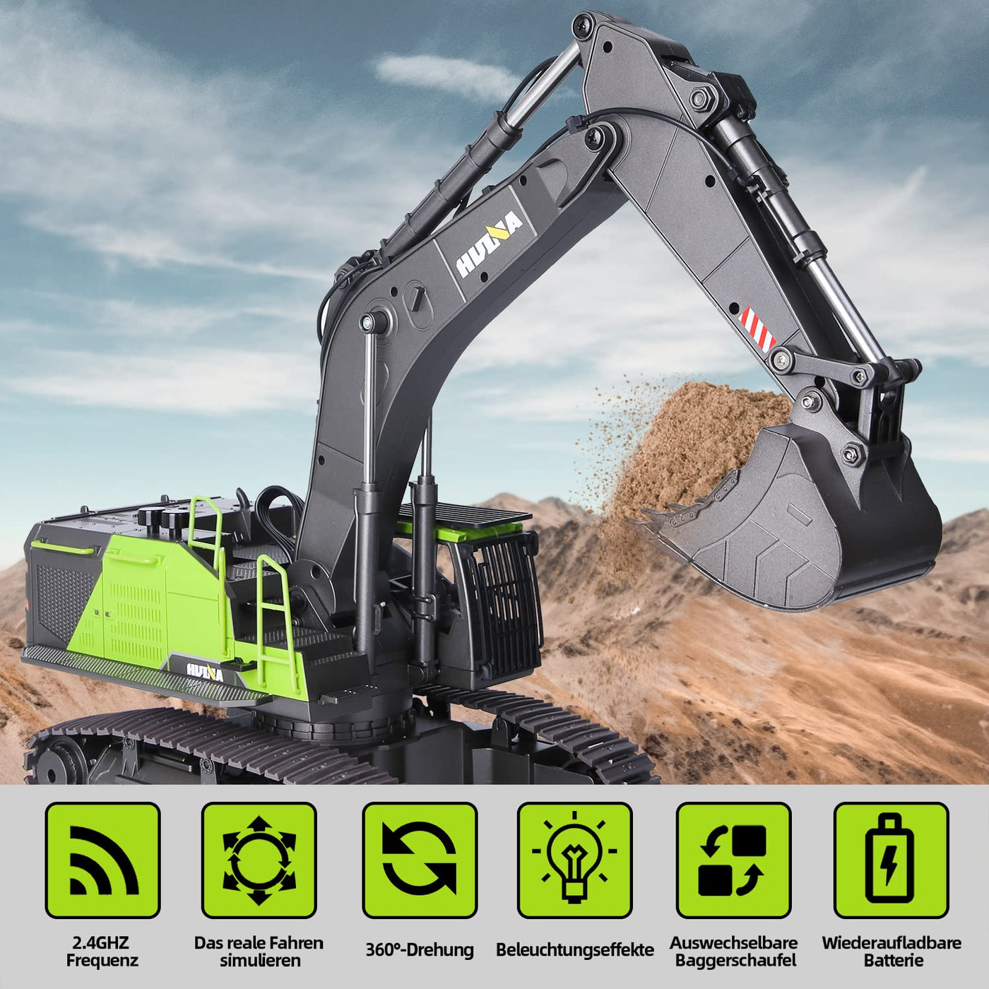 Generisch Huina 1593 Ferngesteuertes Baggerspielzeug, RC-Bagger-Sandkasten mit voll funktionsfähiger Bagger-Fernbedienung und Metallschaufel, ferngesteuert, mit Akku und Ladegerät, 2 Akkus, 3 Aufsätze