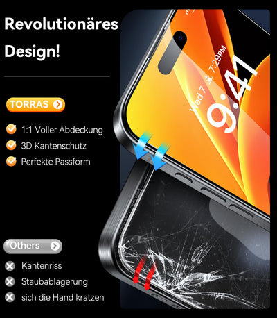 TORRAS für iPhone 16 Pro für Panzerglas [Full Screen] TOP Bruchsicherheit Folie für iPhone 16 Pro Schutzfolie 9H+ Schutzglas [Auto-Installation] Anti-Fingerabdruck, 2 Stück