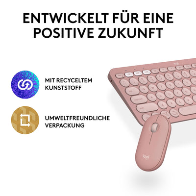 Logitech Pebble 2 Combo, kabellose Tastatur und Maus, leise und mobil, anpassbar, Logi Bolt, Bluetooth, Easy-Switch für Windows, macOS, iPadOS, Chrome - Deutsches QWERTZ-Layout, Rosa