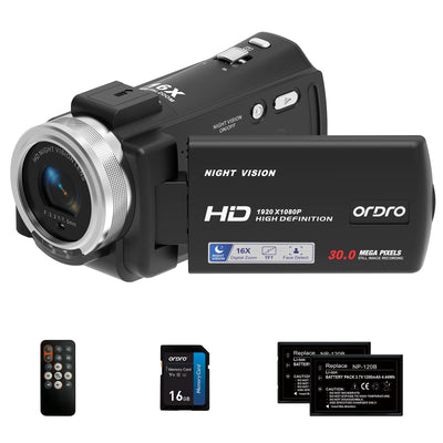 ORDRO V12 Videokamera Camcorder Full HD 1080P 30FPS Infrarot Nachtsichtkamera 3.0 Zoll LCD Bildschirm 16X Zoom Camcorder mit 16GB Memory Karte Fernbedienung und 2 Akkus