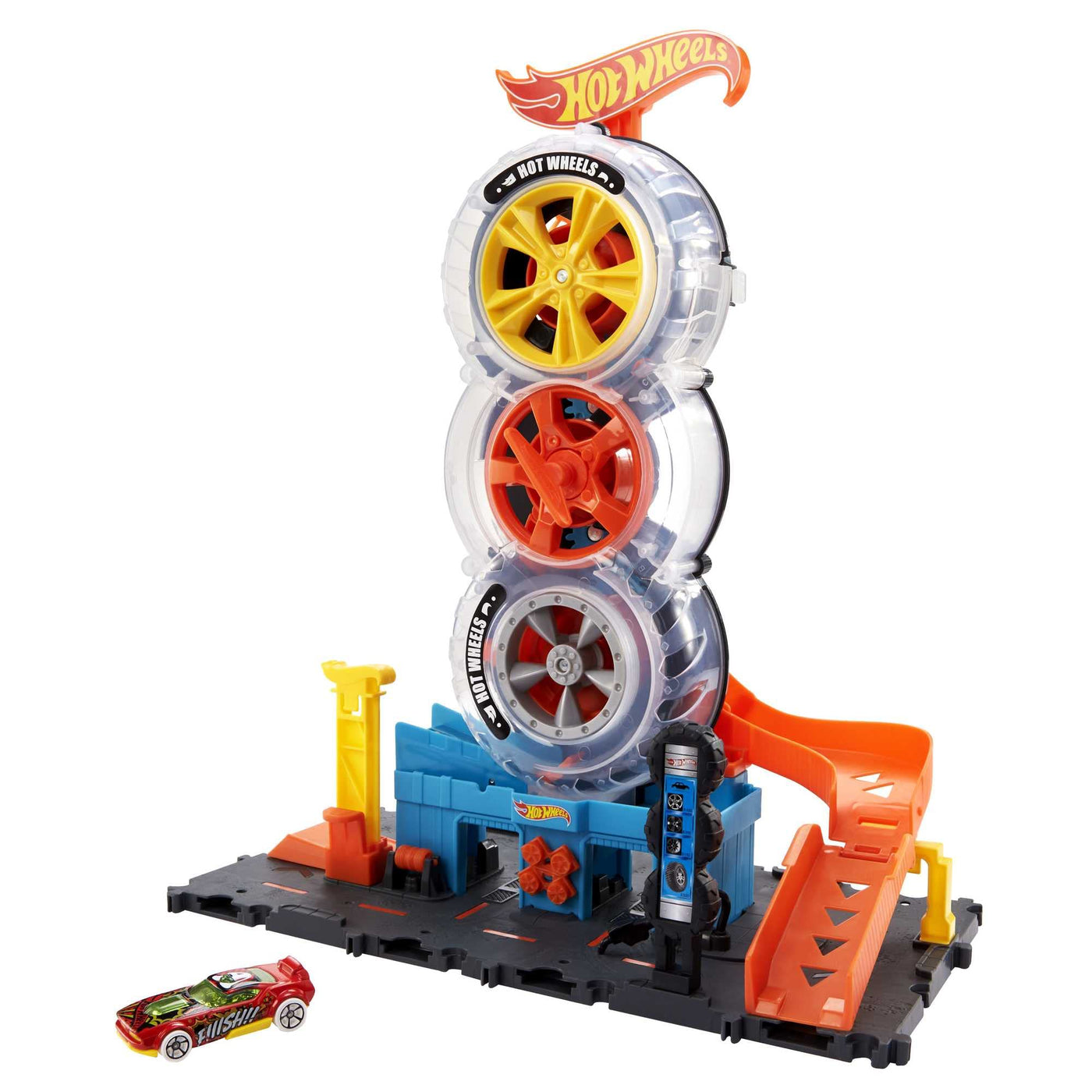Hot Wheels HDP02 - City Super Reifenshop Spielset, mit Einer Schlüsseldrehung die Autos durch die Reifen schicken, enthält 1 Hot-Wheels-Fahrzeug, Spielzeug Geschenk für Kinder von 4 bis 8 Jahren