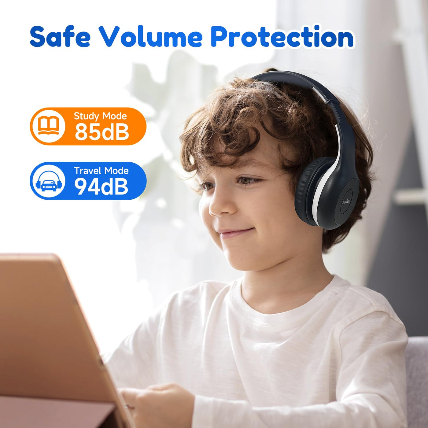 EarFun Bluetooth Kopfhörer Kinder, 85/94dB Lautstärkeregelung, HiFi Sound, HD-Mikrofon, 40 Std Akku, Faltbare, Einstellbar, Kopfhörer Kabellos Bluetooth Kinder für Schule/Reise/PC, Schwarz