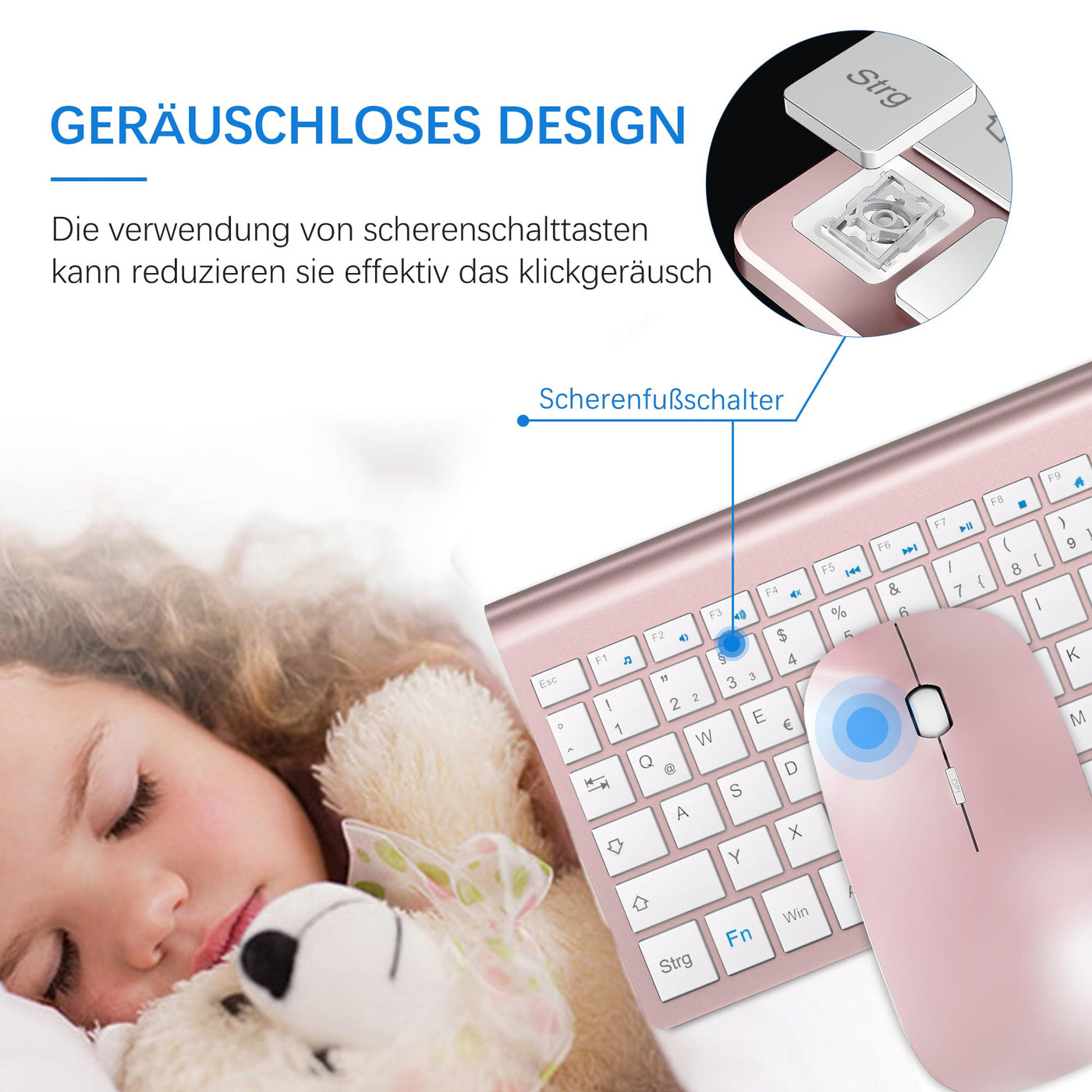 Tastatur Maus Set Ultra Slim, TopMate 2,4G Stille Compact USB 2400DPI Maus und Schissschalter Tastatur mit Abdeckung, mit 2 AA & 2 AAA Batterien für PC/Laptop/Windows/Mac-Rose Gold Weiß