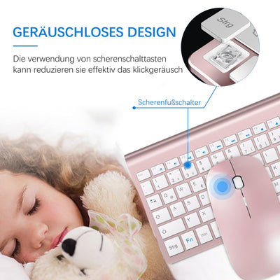 Tastatur Maus Set Ultra Slim, TopMate 2,4G Stille Compact USB 2400DPI Maus und Schissschalter Tastatur mit Abdeckung, mit 2 AA & 2 AAA Batterien für PC/Laptop/Windows/Mac-Rose Gold Weiß