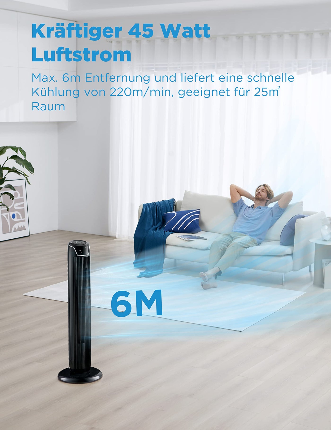 Midea FZ10-17JR Turmventilator Leise mit Fernbedienung 92CM, mobiler Lüfter,Ventilator Säulenventilator,7 Stunden Timer,3 Modi,3 Geschwindigkeiten,45W Standventilator,Schwarz